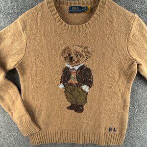 Polo Ralph Lauren Medium Wool Blend Beige Bear Sweater Crew Neck Pullover Soft